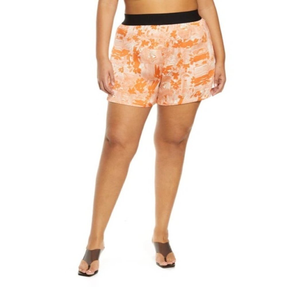 Open Edit Womens Plus‎ Size 2X Elastic Waist Satin Shorts Orange Ivory Daisy 160